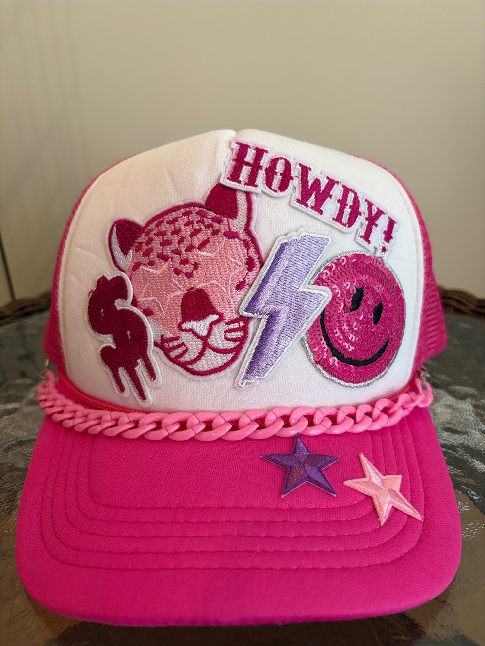 Pink Patchwork Trucker Hat with 'Howdy' Embroidery
